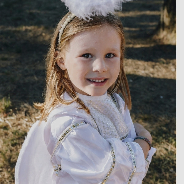 SULOLI Costume Da Angelo Di Natale Per Bambini – Veste Bianca Con Dettagli Oro Per Recite E Feste