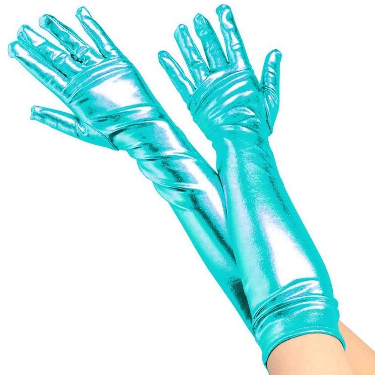 Guanti lunghi di colore azzurro metallizzato