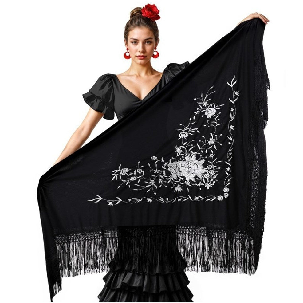 Scialle nero con ricamo bianco