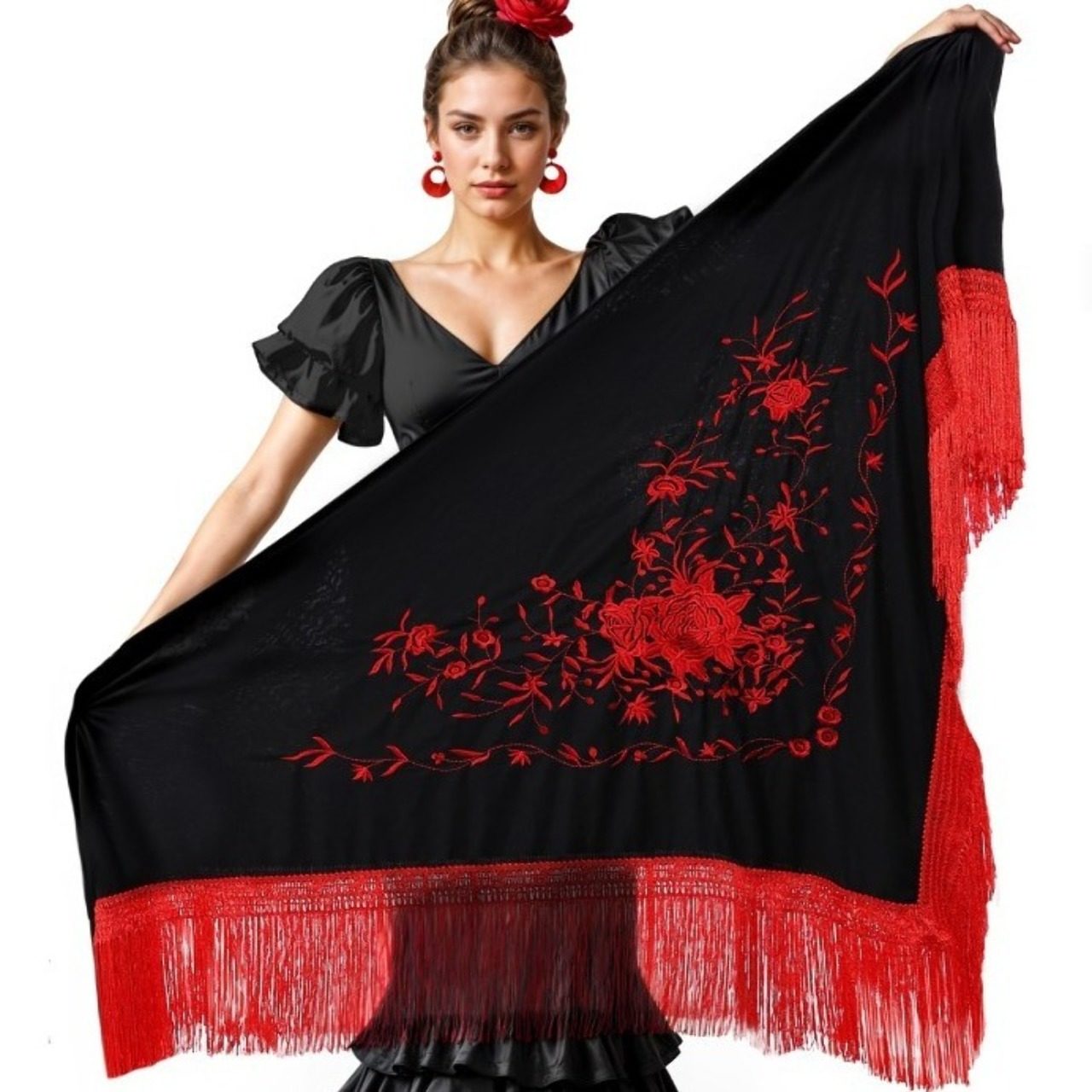 Scialle nero con Ricamo rosso