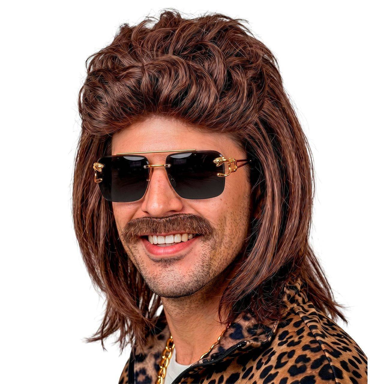 Parrucca Marrone Mullet con Baffi