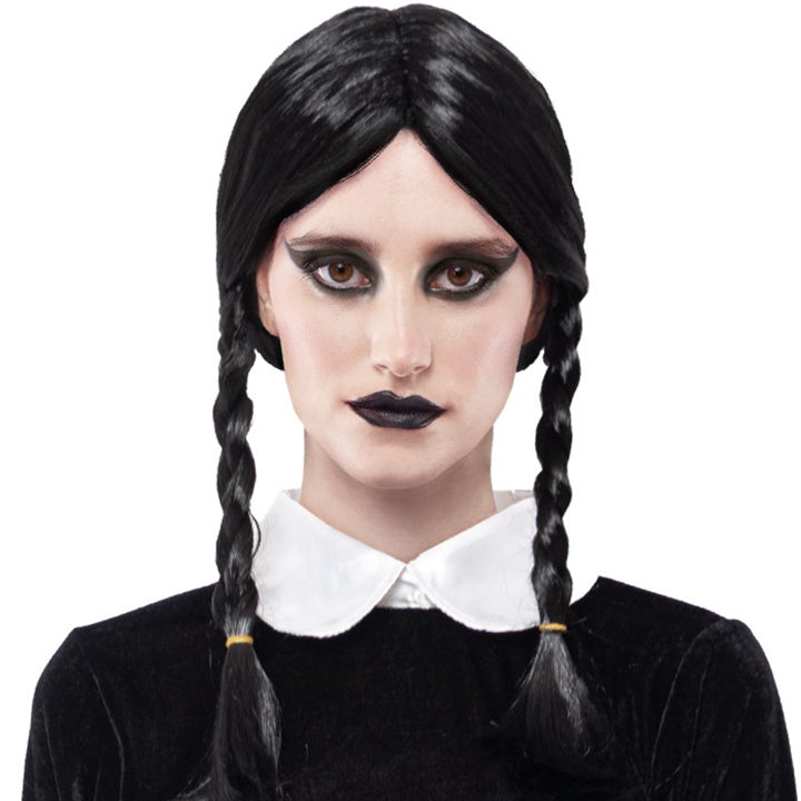Mercoledì Addams Parrucca per bambini adulti, treccine nere Trecce Parrucche  con frangia per festa di Halloween Fancy Dress Cosplay Puntelli