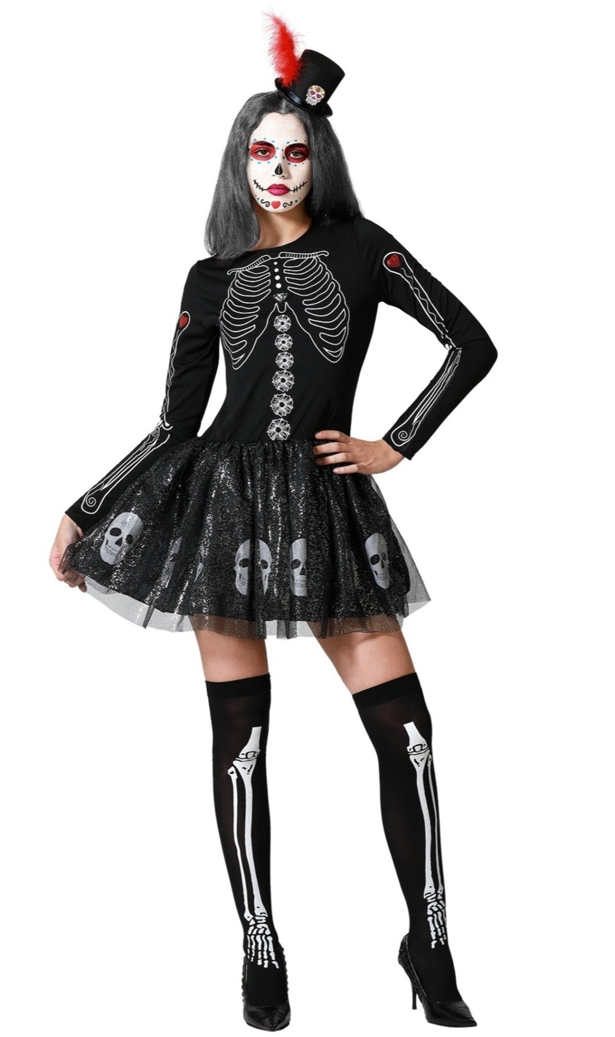 Costume Da Scheletro Mietitore Per Donna – Completo Halloween Con Mantello, Vestito, Guanti, Calzini, Falce E Collana – Taglia Unica Per Ragazze