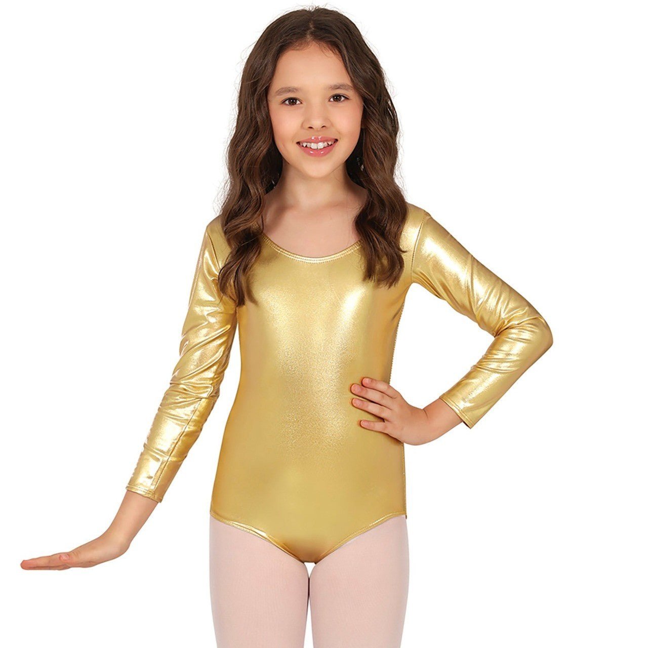 Body in oro metallizzato con maniche lunghe per bambini