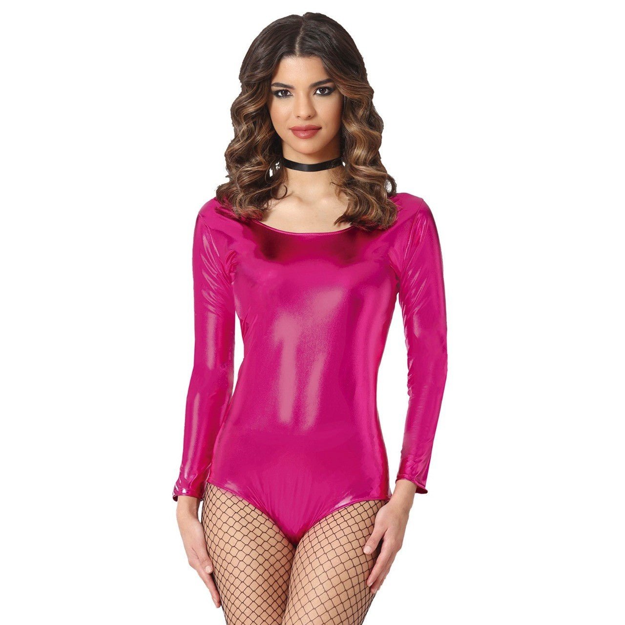 Body fucsia metallizzato con maniche lunghe per donna