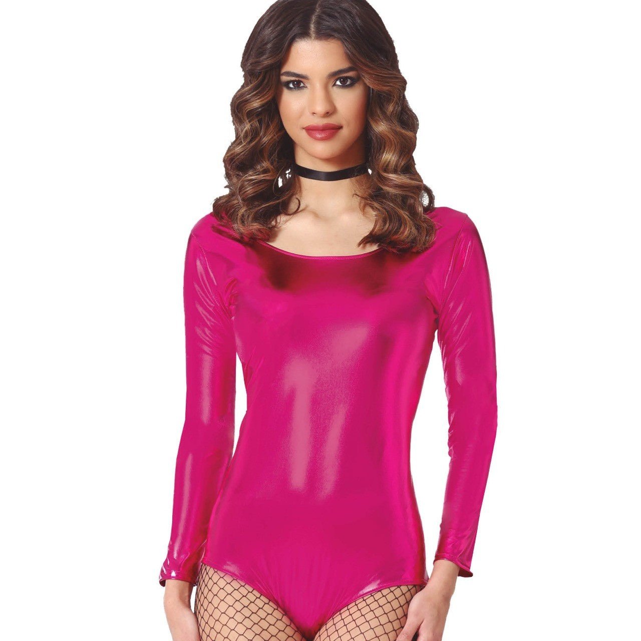 Body fucsia metallizzato con maniche lunghe per donna