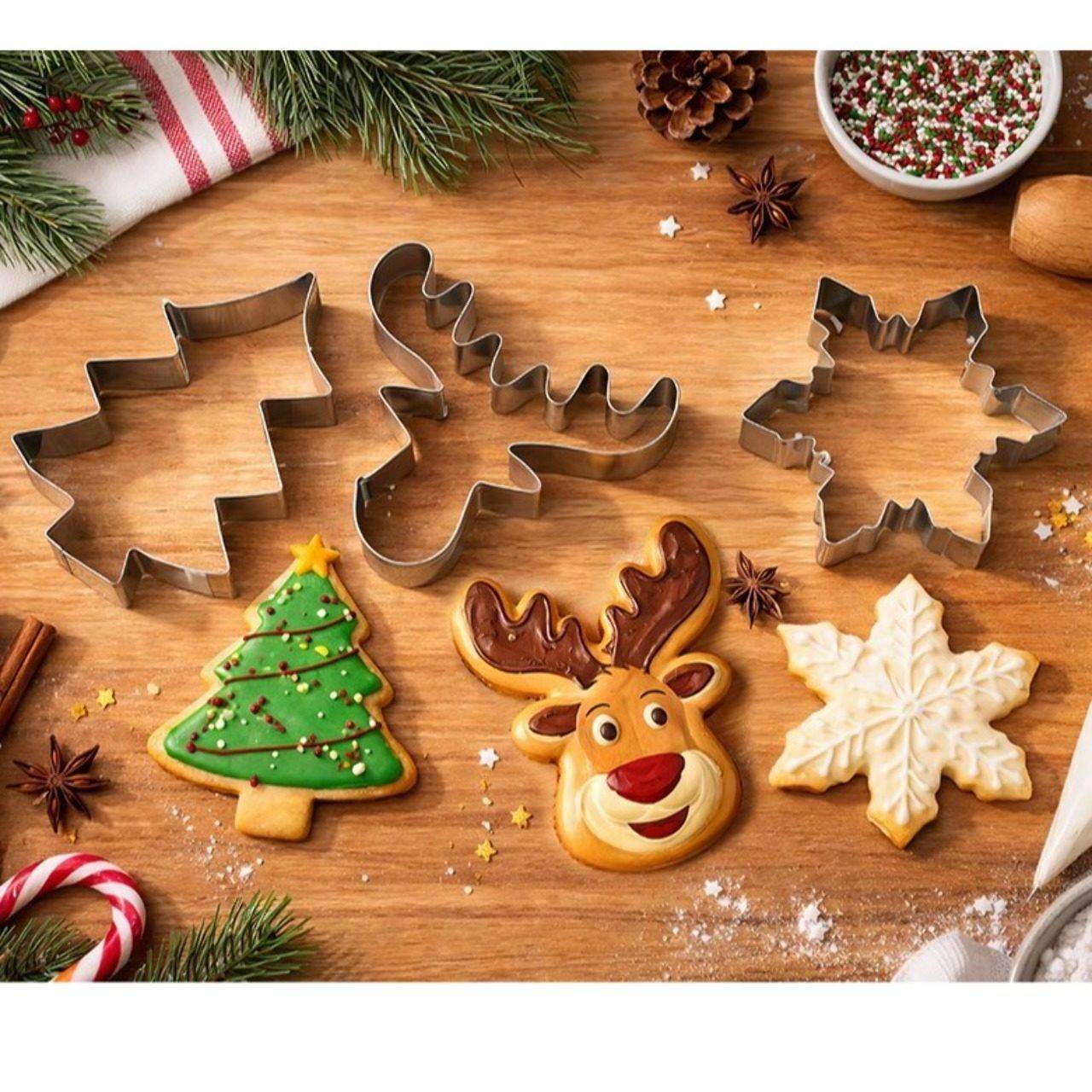 Set di 3 stampi metallici per biscotti natalizi