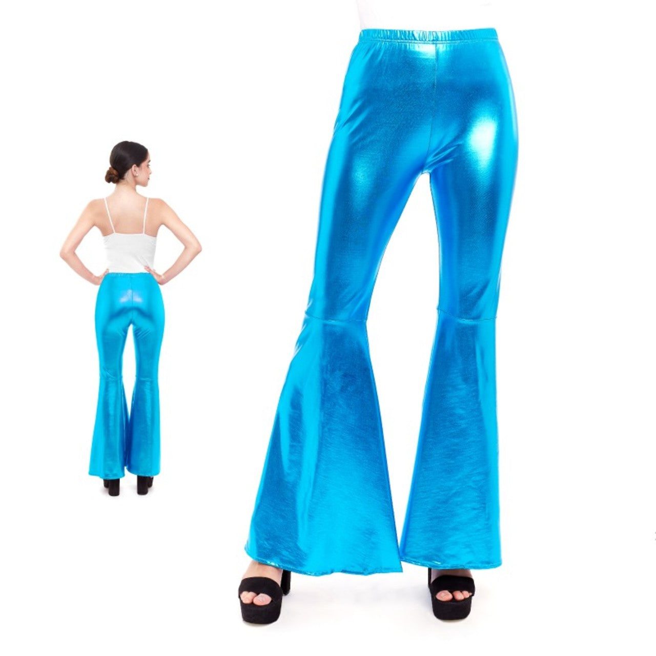 Pantalone a zampa blu metallizzato