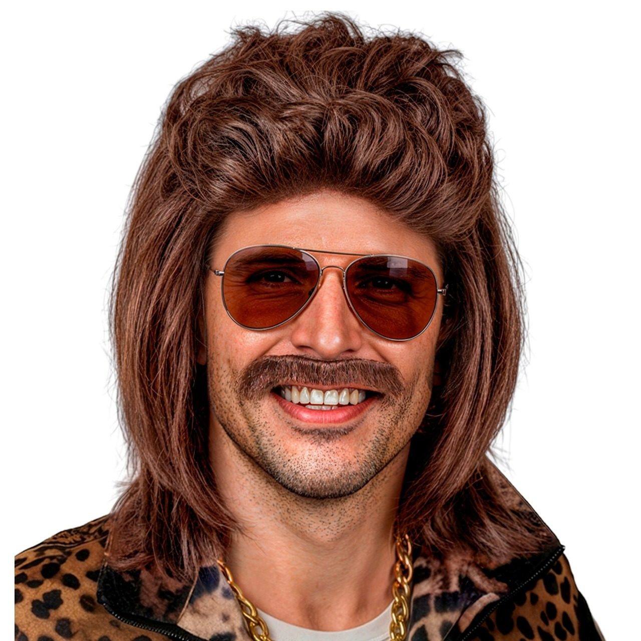 Parrucca Marrone Mullet con Baffi