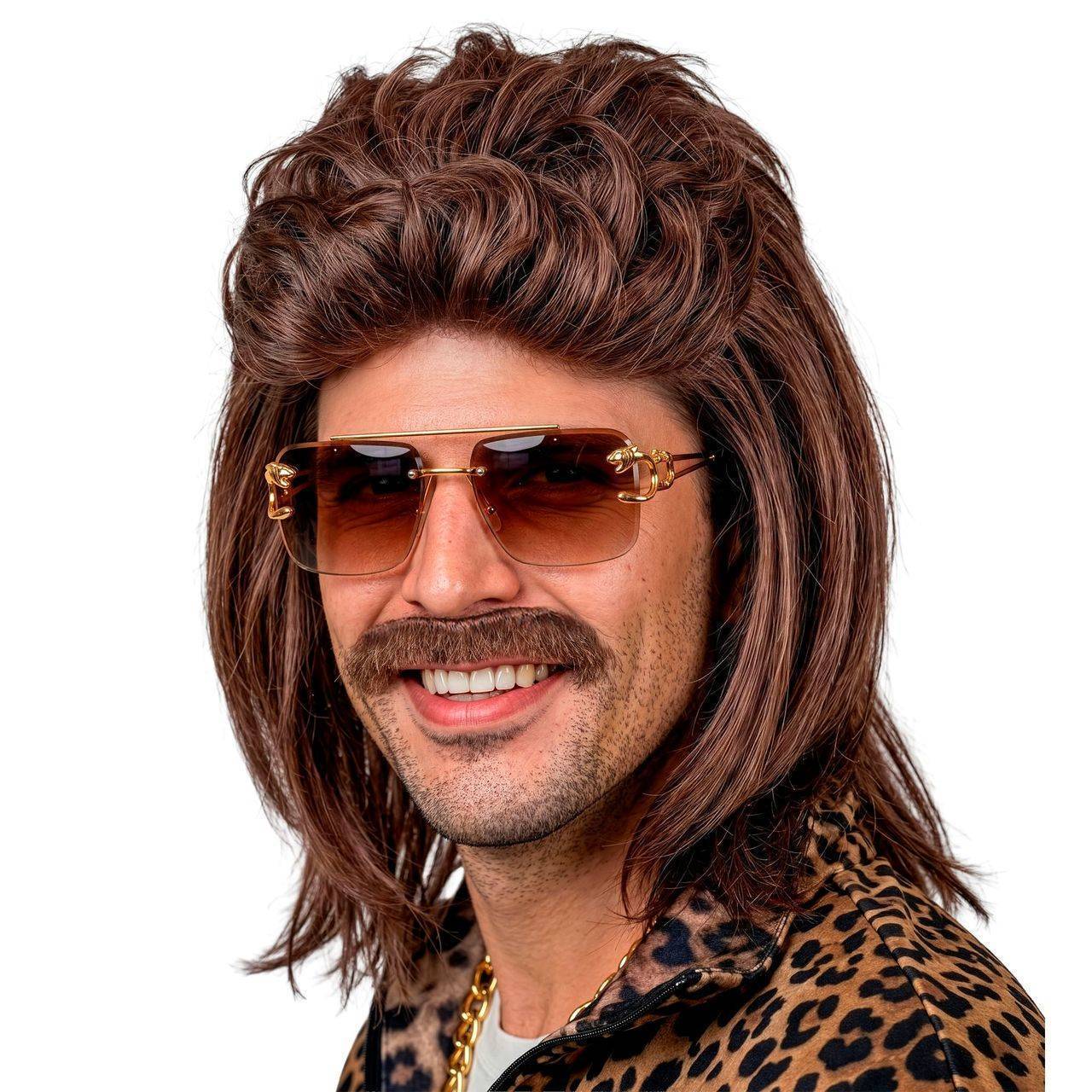 Parrucca Marrone Mullet con Baffi