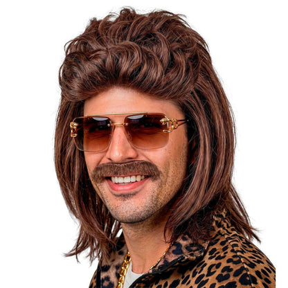 Parrucca Marrone Mullet con Baffi