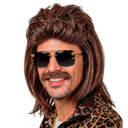 Parrucca Marrone Mullet con Baffi