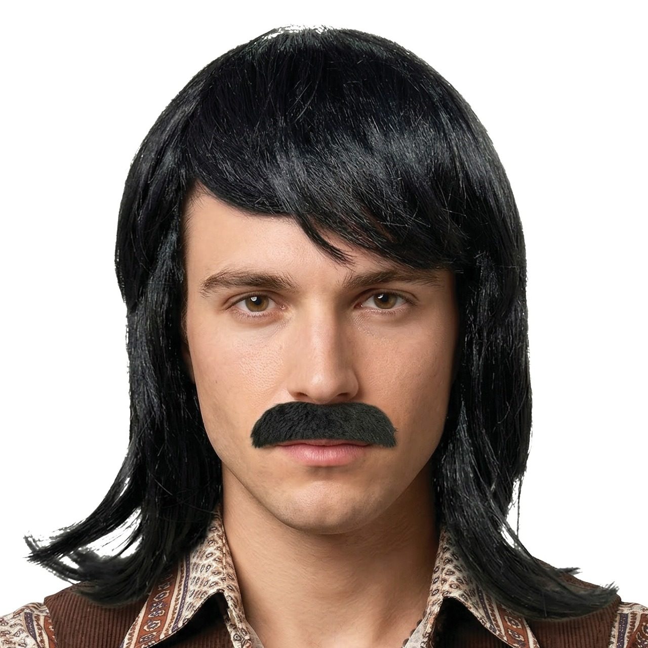 Parrucca Nera Mullet con Baffi
